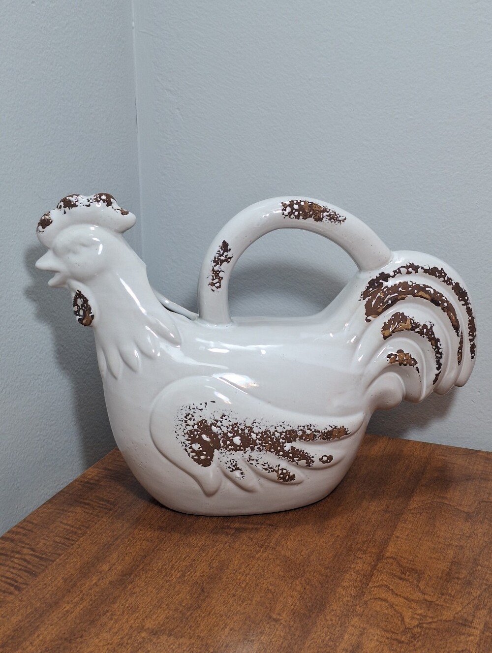 Vintage White Rustic Ceramic Rooster Watering Pitcher Pourer W/Handle Farmhouse